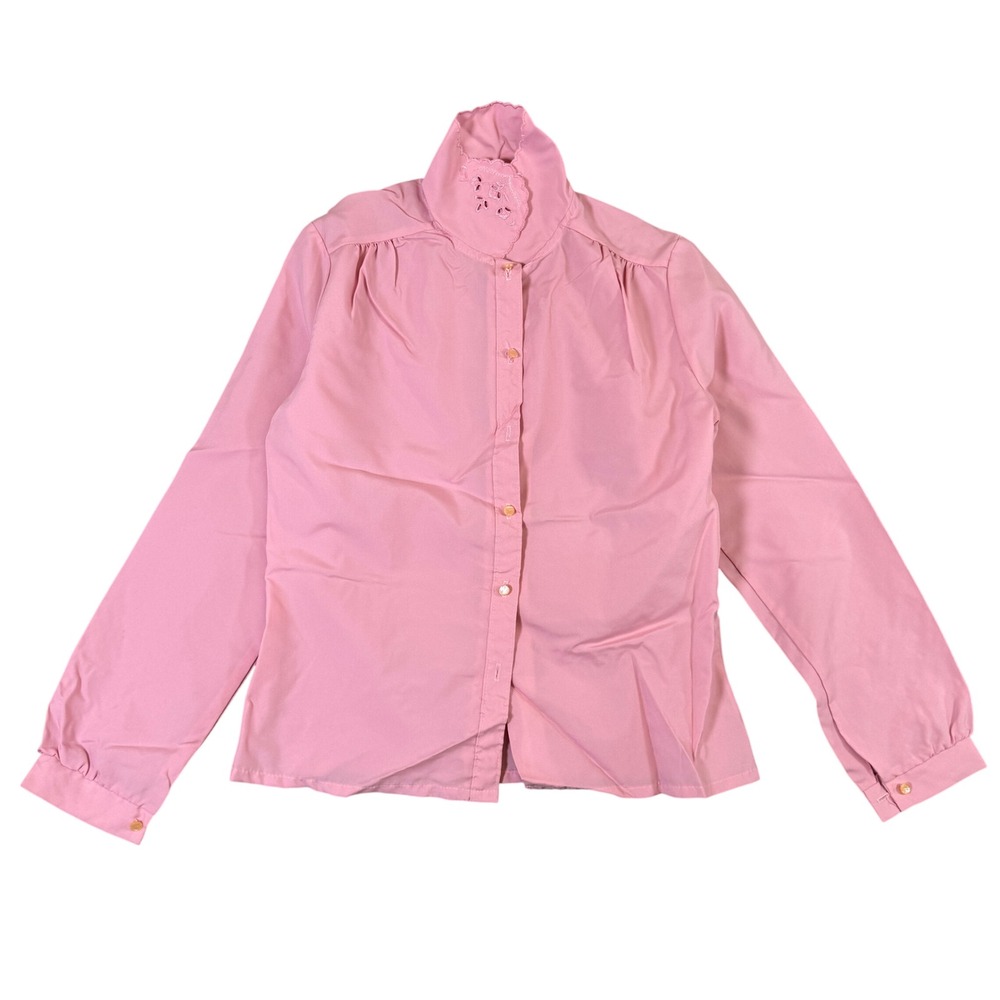 Vintage Nan Dorsey Pink High Neck Eyelet Embroidered Blouse ILGWU Made in USA M